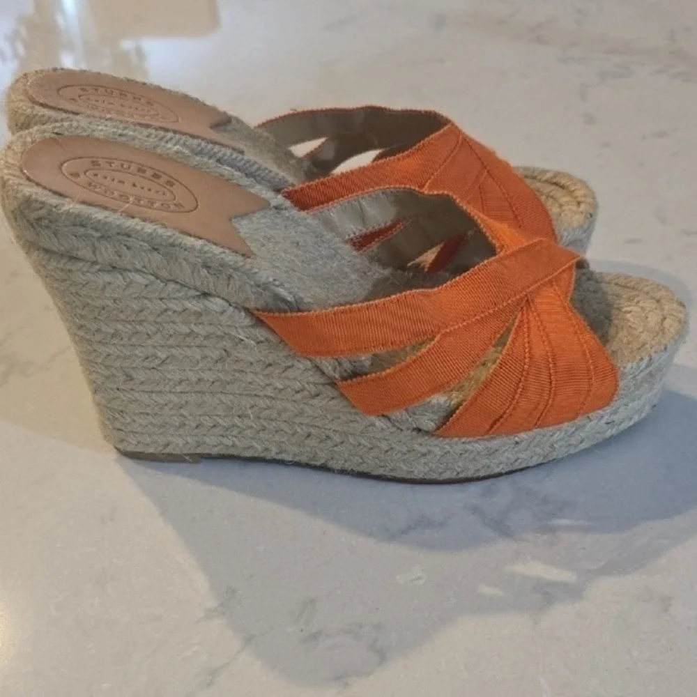 Stubbs & Wootton Orange Grosgrain Espadrille Wedge Sandals Palm Beach Slides